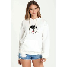 Qivi The Umbrella Academy Logo Baskılı Beyaz Kadın Örme Kapşonlu Sweatshirt Uzun Kol