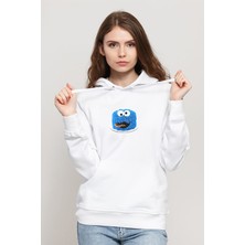 Qivi Kurabiye Canavari Cake Smash Backdrop Baskılı Beyaz Kadın Örme Kapşonlu Sweatshirt Uzun Kol