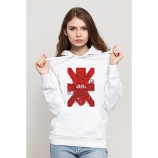 Qivi Iron Maiden x Metal Rock Muzik Baskılı Beyaz Kadın Örme Kapşonlu Sweatshirt Uzun Kol