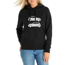 Qivi Mini Cooper Baskılı Siyah Kadın Örme Kapşonlu Sweatshirt Uzun Kol