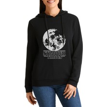 Qivi Stranger Things Bikes World Baskılı Siyah Kadın Örme Kapşonlu Sweatshirt Uzun Kol