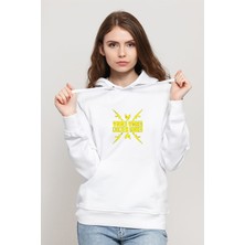 Qivi Winner Ak 47 Baskılı Beyaz Kadın Örme Kapşonlu Sweatshirt Uzun Kol