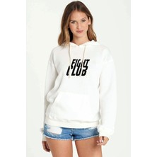 Qivi Fight Club Logo Baskılı Beyaz Kadın Örme Kapşonlu Sweatshirt Uzun Kol