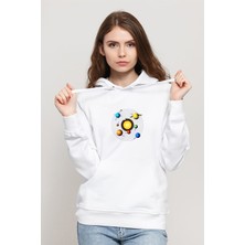 Qivi Gezegenler Baskılı Beyaz Kadın Örme Kapşonlu Sweatshirt Uzun Kol