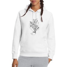 Qivi Skull Lockscreen Tumblr Rose Baskılı Beyaz Kadın Örme Kapşonlu Sweatshirt Uzun Kol