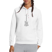 Qivi Guitar Melody Tipografi Baskılı Beyaz Kadın Örme Kapşonlu Sweatshirt Uzun Kol