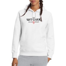 Qivi Witcher Geralt Of Rivia Baskılı Beyaz Kadın Örme Kapşonlu Sweatshirt Uzun Kol