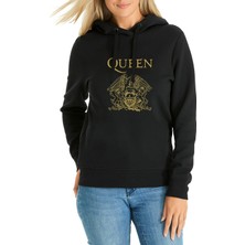 Qivi Queen Baskılı Siyah Kadın Örme Kapşonlu Sweatshirt Uzun Kol