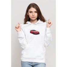 Qivi Toyota Supra Kırmızı Baskılı Beyaz Kadın Örme Kapşonlu Sweatshirt Uzun Kol