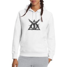 Qivi H P The Deathly Baskılı Beyaz Kadın Örme Kapşonlu Sweatshirt Uzun Kol