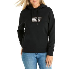 Qivi Nos Energy Drink Logo Baskılı Siyah Kadın Örme Kapşonlu Sweatshirt Uzun Kol