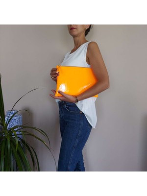 sisaart Sisa Parlak Deri Neon Turuncu Clutch El Çantası