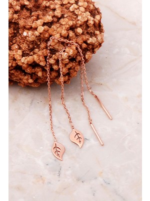 Sümer Telkari Yaprak Rose Gümüş Zincir Küpe