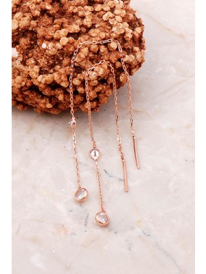 Sümer Telkari Taşlı Rose Gümüş Zincir Küpe