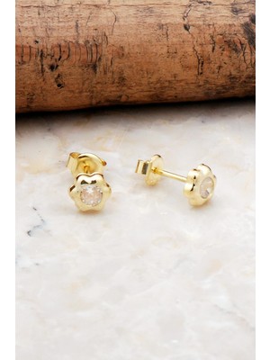 Sümer Telkari Altın Yaldızlı Papatya Tek Taş Gümüş Küpe