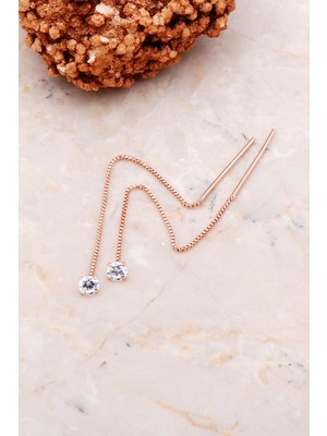 Sümer Telkari 4 mm Tek Taş Rose Gümüş Zincir Küpe