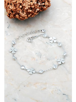 Sümer Telkari Yonca Rodyumlu Gümüş Bileklik