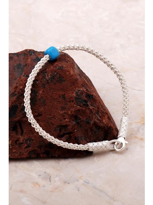 Sümer Telkari Turkuaz Cam Küp Kazaziye İşlemeli Gümüş Bileklik