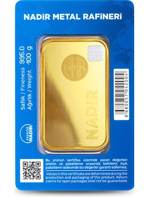 Nadir Gold 24 Ayar Külçe Gram Altın 100 Gr.