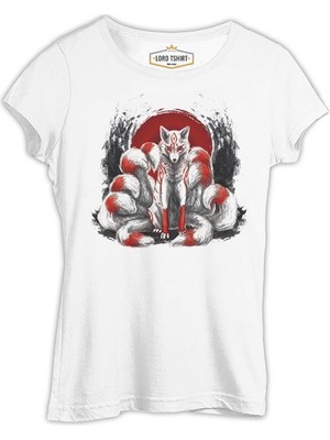 Lordd T-Shirt  Japon - Kitsune Tilki Beyaz Kadın T-Shirt