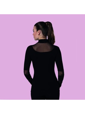 Trend Sizde Kadın Siyah Tül Detay Boğazlı Uzun Kol Viskon Bluz