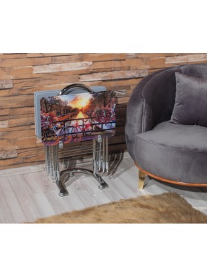 Kaykolsan Home Zigon Çanta Sehpa Kırılmaz Temperli Up Baskılı Cam ve Metal Ayak Elt-Bisiklett