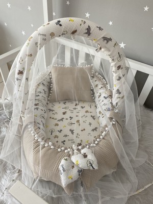 Jaju Baby Wafle Pike Kumaş Müslin Kumaş Ponponlu Babynest Oyuncak Aparat ve Tül Set