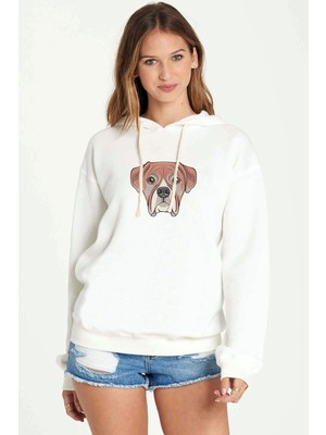 Qivi Dog Head Köpek Baskılı Beyaz Kadın Örme Kapşonlu Sweatshirt Uzun Kol