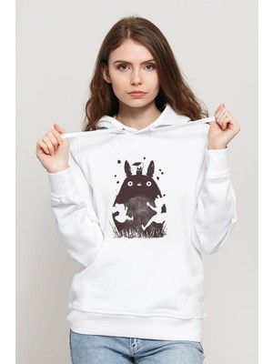 Qivi My Neighbor Komşum Totoro Baskılı Beyaz Kadın Örme Kapşonlu Sweatshirt Uzun Kol