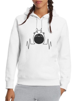 Qivi My Neighbor Komşum Totoro Baskılı Beyaz Kadın Örme Kapşonlu Sweatshirt Uzun Kol