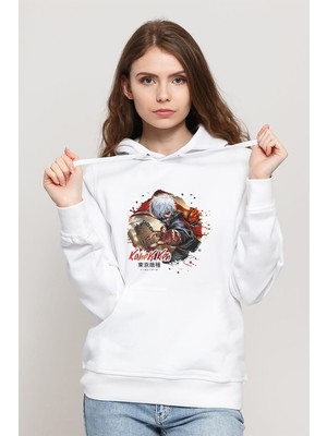 Qivi Anime Tokyo Ghoul Kaneki Manga Baskılı Beyaz Kadın Örme Kapşonlu Sweatshirt Uzun Kol