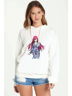 Qivi Anime Fairy Tail Glass Guild Emblem Baskılı Beyaz Kadın Örme Kapşonlu Sweatshirt Uzun Kol