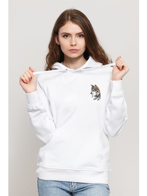 Qivi Watercolor Wolf Baskılı Kadın Örme Kapüşonlu Beyaz Sweatshirt Uzun Kol