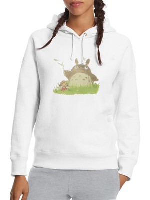 Qivi My Neighbor Komşum Totoro Baskılı Beyaz Kadın Örme Kapşonlu Sweatshirt Uzun Kol