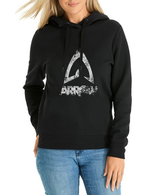Qivi Altered Carbon Logo Eskitme Baskılı Siyah Kadın Örme Kapşonlu Sweatshirt Uzun Kol