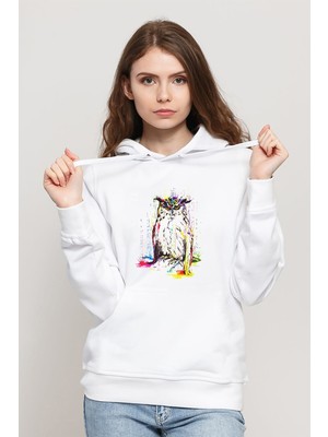 Qivi Baykuş Rengarenk Kuş Hayvan Baskılı Beyaz Kadın Örme Kapşonlu Sweatshirt Uzun Kol