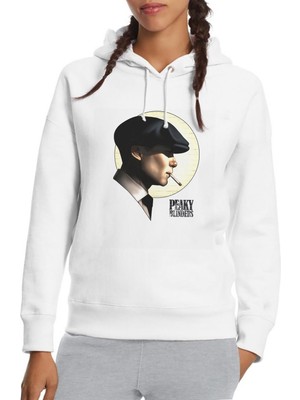 Qivi Peaky Bılnders Baskılı Beyaz Kadın Örme Kapşonlu Sweatshirt Uzun Kol