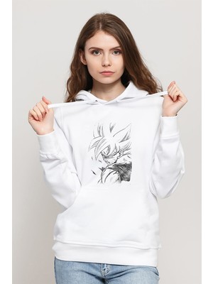 Qivi Anime Dragon Ball Baskılı Beyaz Kadın Örme Kapşonlu Sweatshirt Uzun Kol