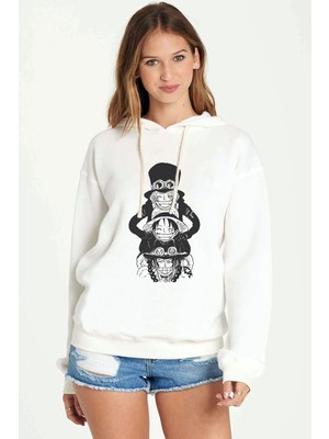 Qivi Anime One Piece Baskılı Beyaz Kadın Örme Kapşonlu Sweatshirt Uzun Kol