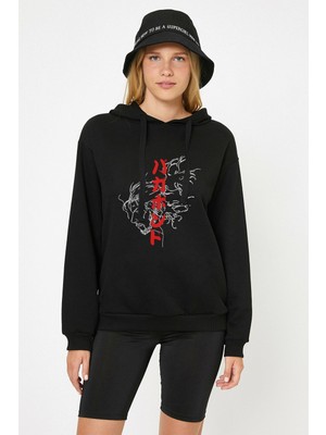 Qivi Anime One Punch Man Baskılı Siyah Kadın Örme Kapşonlu Sweashirt Uzun Kol