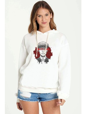 Qivi Peaky Bılnders Baskılı Beyaz Kadın Örme Kapşonlu Sweatshirt Uzun Kol