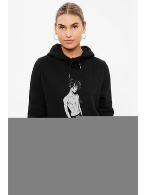 Qivi Anime One Punch Man Baskılı Siyah Kadın Örme Kapşonlu Sweashirt Uzun Kol