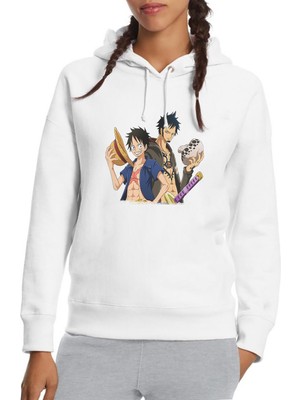 Qivi Anime One Piece Baskılı Beyaz Kadın Örme Kapşonlu Sweatshirt Uzun Kol