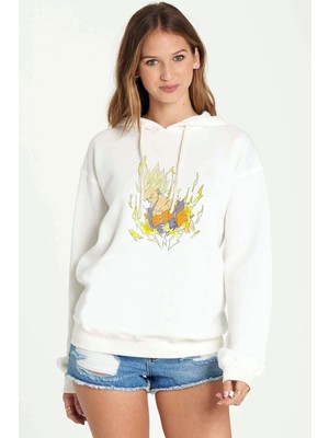 Qivi Anime Dragon Ball Baskılı Beyaz Kadın Örme Kapşonlu Sweatshirt Uzun Kol