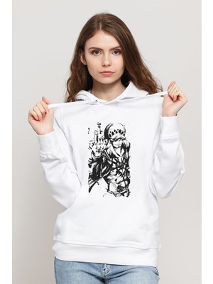 Qivi Anime One Piece Baskılı Beyaz Kadın Örme Kapşonlu Sweatshirt Uzun Kol