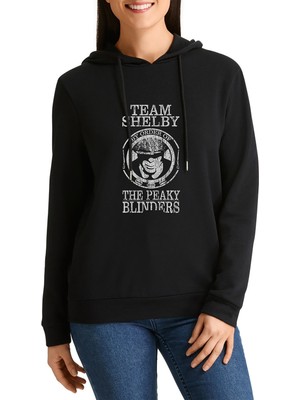 Qivi Peaky Blinders Team Tommy Shelby Baskılı Siyah Kadın Örme Kapşonlu Sweashirt Uzun Kol