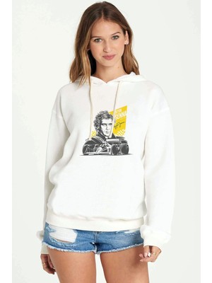 Qivi Formula F1 Ayrton Senna F1 Car Baskılı Beyaz Kadın Örme Kapşonlu Sweatshirt Uzun Kol