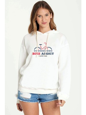 Qivi Bike Addict Baskılı Beyaz Kadın Örme Kapşonlu Sweatshirt Uzun Kol