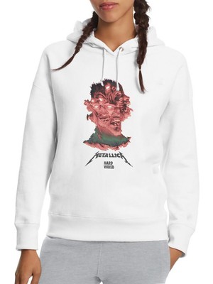 Qivi Metallica Album Hardwired To Self Des Baskılı Beyaz Kadın Örme Kapşonlu Sweatshirt Uzun Kol