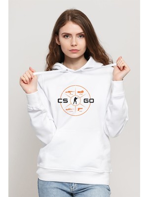 Qivi Cs Go Menu Baskılı Beyaz Kadın Örme Kapşonlu Sweatshirt Uzun Kol